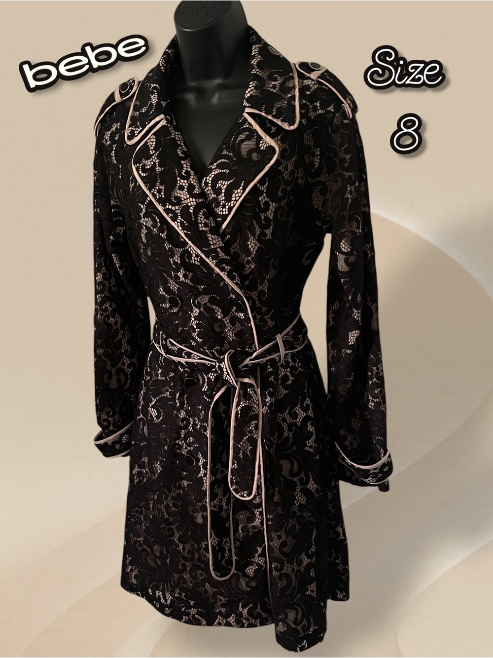 bebe Black Lace Trench Coat Size 8 Romantic Feminine Whimsygoth